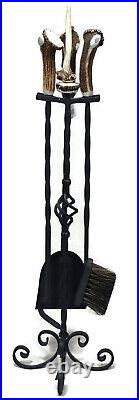 Large Hand Forged Fireplace Tools Set Wrought Iron Stove Set with Antler Handles