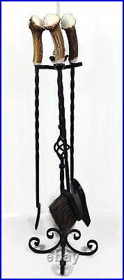 Large Hand Forged Fireplace Tools Set Wrought Iron Stove Set with Antler Handles