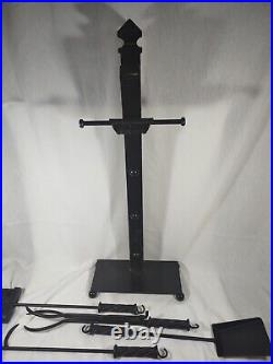 Large Ornamental Fireplace Tool Set Vintage Heavy Steel Plate Ball Feet Xl