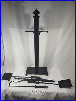 Large Ornamental Fireplace Tool Set Vintage Heavy Steel Plate Ball Feet Xl