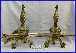 Large Vintage Antique Brass Fireside Tools Irons Firedogs Andirons Companion Set