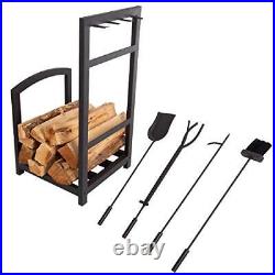 Lavish Home 5-Piece Fireplace Tool Set and Log Rack Mission-Style Firewood