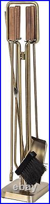 Levi 5 Piece Fireplace Tool Set in Aged Brass with Walnut Wood Handles Include