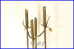 Log Cabin Tree Stump Wood Branch & Leaf Brass Handle Footed Fireplace Tools Set