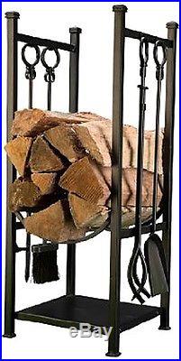Log Rack with Fireplace Tools Black Metal Outdoor Fire Pit 4 Backyard Cabin Set