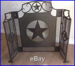 Lone Star Fireplace Screen Black Metal Western 3-Panel Texas Decor with Tool Set