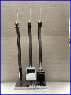 Lucite Chrome Fireplace Tools 3 Pc Set & Holder Alessandro Albrizi Style Nice