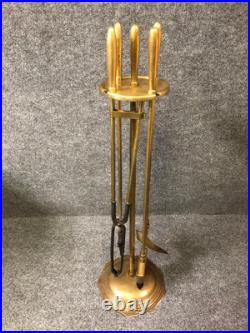 MCM Brass Fireplace Poker Tongs Brush Shovel Tool Set with Stand