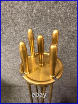 MCM Brass Fireplace Poker Tongs Brush Shovel Tool Set with Stand