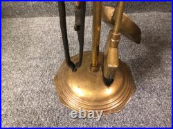 MCM Brass Fireplace Poker Tongs Brush Shovel Tool Set with Stand