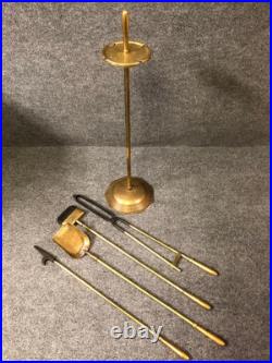 MCM Brass Fireplace Poker Tongs Brush Shovel Tool Set with Stand
