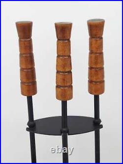 MCM Cast Iron and Carved Wood Danish Modern Style Fireplace Tool Set 1960s