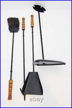 MCM Cast Iron and Carved Wood Danish Modern Style Fireplace Tool Set 1960s