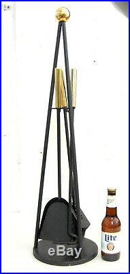 MCM Fireplace Tool Set Black and Brass 1960's Era 3 Piece with Tower Holder
