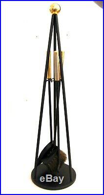 MCM Fireplace Tool Set Black and Brass 1960's Era 3 Piece with Tower Holder