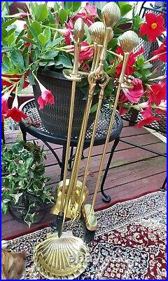 MCM Polished Brass Clam Shell Fireplace Tool Set On Stand