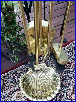 MCM Polished Brass Clam Shell Fireplace Tool Set On Stand