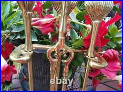 MCM Polished Brass Clam Shell Fireplace Tool Set On Stand