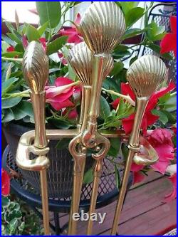 MCM Polished Brass Clam Shell Fireplace Tool Set On Stand