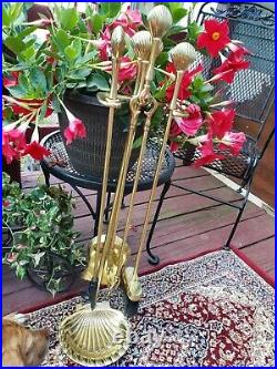 MCM Polished Brass Clam Shell Fireplace Tool Set On Stand