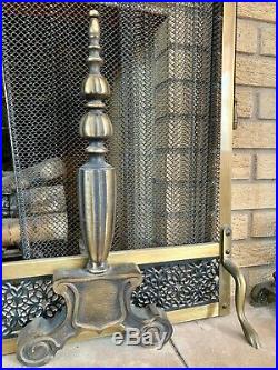 MCM Vintage Brass Fireplace Surround, Screen, Andirons and Tool Set
