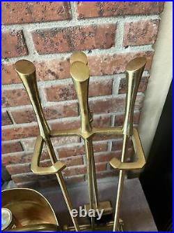 MCM Vintage Brass Fireplace Tool Set Matching Brass Bucket Wood Carrier