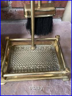 MCM Vintage Brass Fireplace Tool Set Matching Brass Bucket Wood Carrier