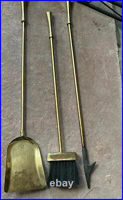 MCM Vintage Brass Fireplace Tool Set Matching Brass Bucket Wood Carrier
