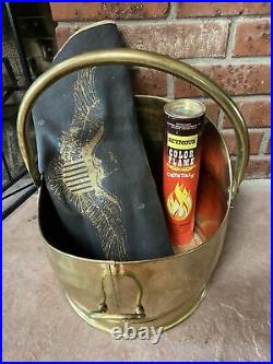 MCM Vintage Brass Fireplace Tool Set Matching Brass Bucket Wood Carrier