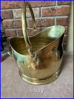 MCM Vintage Brass Fireplace Tool Set Matching Brass Bucket Wood Carrier