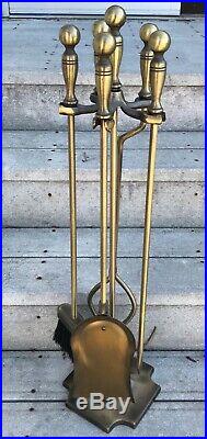 MID Century Brass Fireplace Tool Set 5 Pc Poker Broom Shovel Stand Tongs Jw 808s