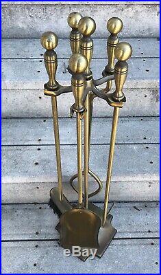 MID Century Brass Fireplace Tool Set 5 Pc Poker Broom Shovel Stand Tongs Jw 808s