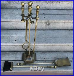 MID Century Brass Fireplace Tool Set 5 Pc Poker Broom Shovel Stand Tongs Jw 808s