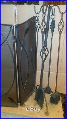 MID Century Modern Fireplace Screen Wrought Iron Tool Set & Log Holder Included