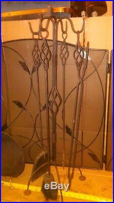 MID Century Modern Fireplace Screen Wrought Iron Tool Set & Log Holder Included