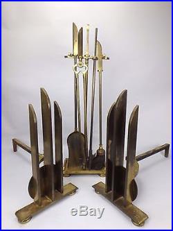 Machine Age Brass Art Deco Andirons Fireplace Tools Set Donald Deskey Modernist