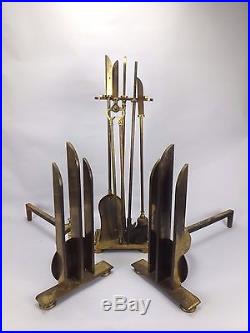 Machine Age Brass Art Deco Andirons Fireplace Tools Set Donald Deskey Modernist