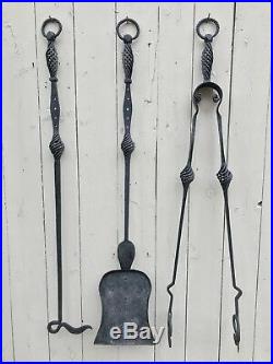 Massive Antique Wrought Iron FIREPLACE TOOL SET Huge 48H Gothic Spanish Revival