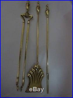 Matching 3 Piece Set Of Vintage Solid Heavy Brass Fireplace Companion Tools Set