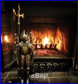 Medieval Fireplace Tools Set 4pcs Knight Stand Poker Shovel Brush Vintage Style