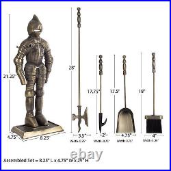 Medieval Knight Cast Iron Fireplace Tool Set Antique Brass Stand Broom Poker