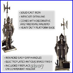 Medieval Knight Cast Iron Fireplace Tool Set Antique Brass Stand Broom Poker