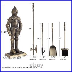 Medieval Knight Fireplace 3 Piece Tool Set, Poker, Broom, Dustpan Antique Brass