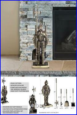Medieval Knight Fireplace 3 Piece Tool Set, Poker, Broom, Dustpan Antique Brass