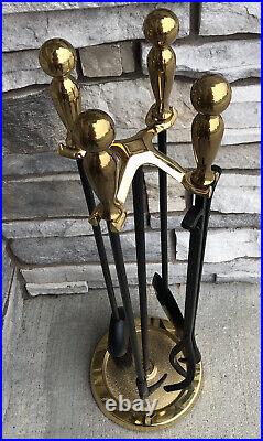 Metal Fireplace Tools Stand Set Shovel Brush Tongs Black Gold Round Base Vintage