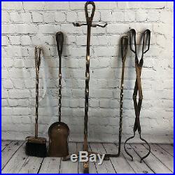 Mid Century 1970s Hammered Copper Fireplace Tools Stand Set Broom Poker Tongs