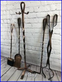 Mid Century 1970s Hammered Copper Fireplace Tools Stand Set Broom Poker Tongs