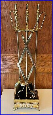 Mid Century Brass Fireplace 5 Piece Tool Set Ornate Footed Gallery Stand