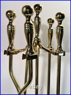 Mid Century Brass Fireplace 5 Piece Tool Set Stand Cannonball Finial Handle EUC