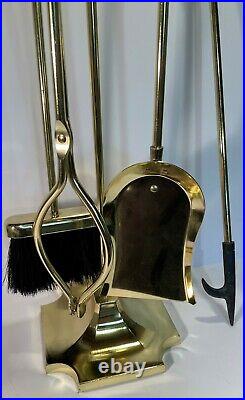 Mid Century Brass Fireplace 5 Piece Tool Set Stand Cannonball Finial Handle EUC